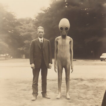 vintage sepia photograph of alien standing next to man