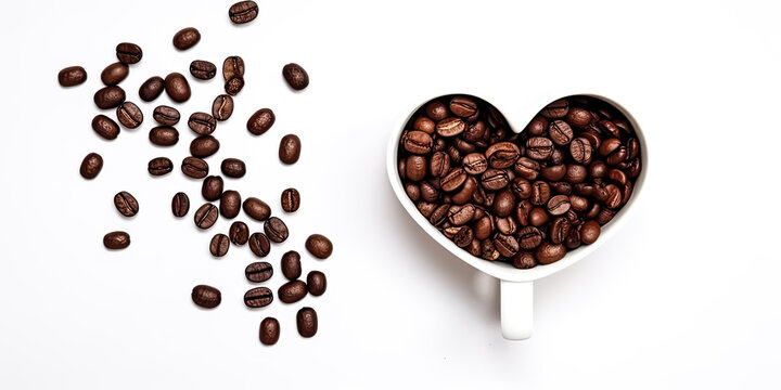 A white coffee cup and coffee beans in the shape of a heart are arranged together - generative ai.