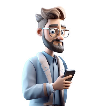 3D Icon Avatar Cartoon Hipster Character, Stylish Smiling Man With Beard With Phone, People Close Up Portrait On Isolated On Transparent Png Background. Generative Ai