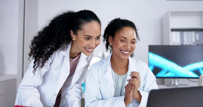 Scientist teamwork, high five and women on laptop after research innovation in laboratory. Science, collaboration and happy doctors with applause to celebrate achievement and medical breakthrough.