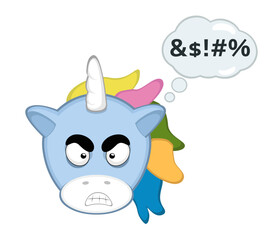 vector illustration cartoon unicorn face, an angry expression and a thought bubble with an insult text