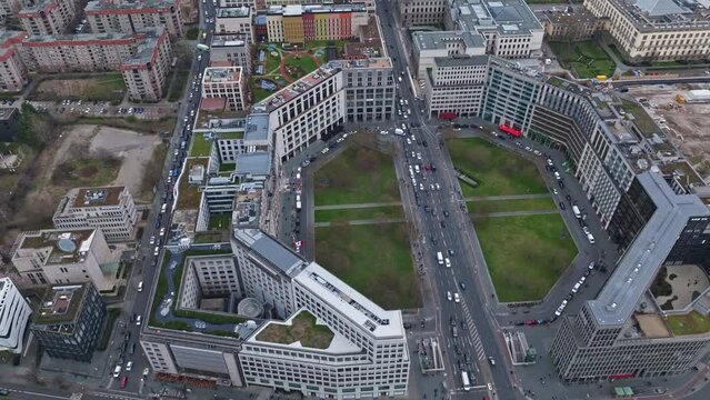 Drone shot of Leipziger Platz in the center of Berlin , It is located along Leipziger Straße just east of and adjacent to the Potsdamer Platz .