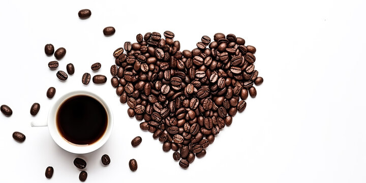 A white coffee cup and coffee beans arranged into a heart shape were created - generative ai.