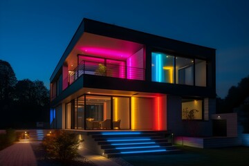 modern villa at night. colorful neon lights. generative AI illustration.