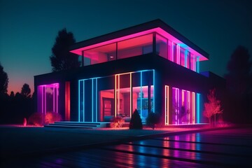 modern villa at night. colorful neon lights.