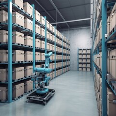 Warehouse smart robot industry arm products storage.High Shelves in a Warehouse. Concept of Logistics. generative ai