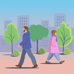 Man and young lady walking along the street with high rise buildings on the background