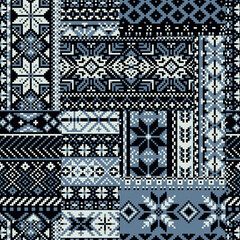 Nordic traditional knitted snowflakes jacquard patchwork abstract winter textile vector seamless pattern