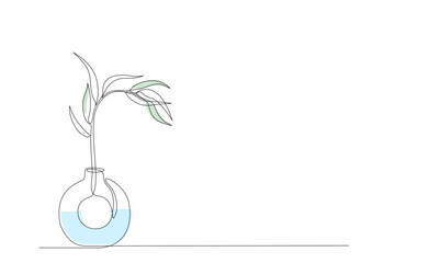 One continuous line drawing of leaves plant in vase, bottle. Creative minimalist hand painted drawing with decorative vase, flower, branch and leaves. Vector hand drawing sketch line illustration