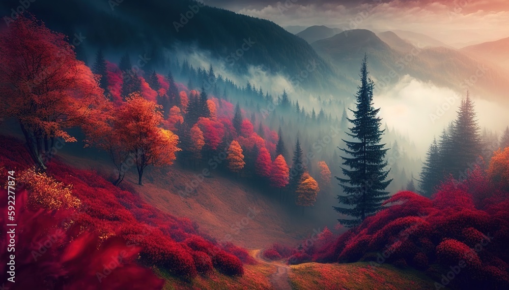 Poster misty trees with the fall foliage create a majestic scene. generative ai