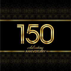 150 Golden Double Line Number. 150 Anniversary invitation cover with glitter separated by golden double lines on a black background
