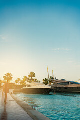 marine station at sunset. yachts at sunset. beautiful bridge