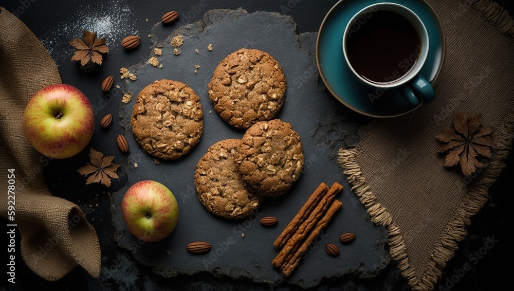 Poster oatmeal cookies with apples and coffee on a dark background top view generative ai