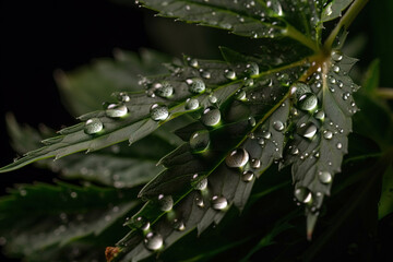 Marijuana leaves with water drops close-up. Digitally generated AI image