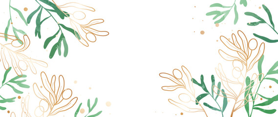 Fototapeta premium Luxury botanical watercolor background. Botanical golden olive branches with golden line texture and green branches. Illustration design for wedding cover template, banner, fabric.