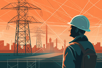 An electrical engineer inspecting a large electrical transmission tower, with a blue sky and mountains in the background