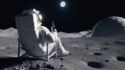 Back view of lunar astronaut resting in a beach chair on Moon surface Generative AI