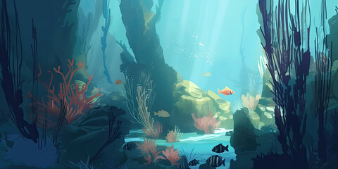 Painting of the ocean with fishes and corals . Image for a wallpaper, background, postcard or poster - Generative AI