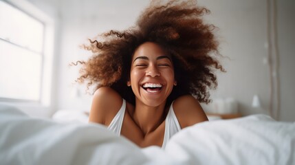 Morning wake-up: Woman starting her day after a good night's sleep. Generative AI.