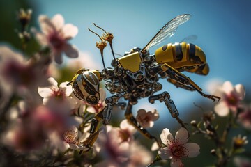 The Beauty of Technology and Nature: Vibrant Flowers and Robot Bees in Perfect Harmony, Bee Robots safe our ecosystem