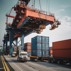 crane loading cargo container to container ship in the international terminal logistic sea port concept. generative ai