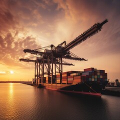Fototapeta premium crane loading cargo container to container ship in the international terminal logistic sea port concept freight shipping by ship at sunset. generative ai