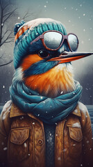Kingfisher In Glasses And Wintery Clothing Hyperrealist Portrait Generative Ai Digital Illustration Part#130423