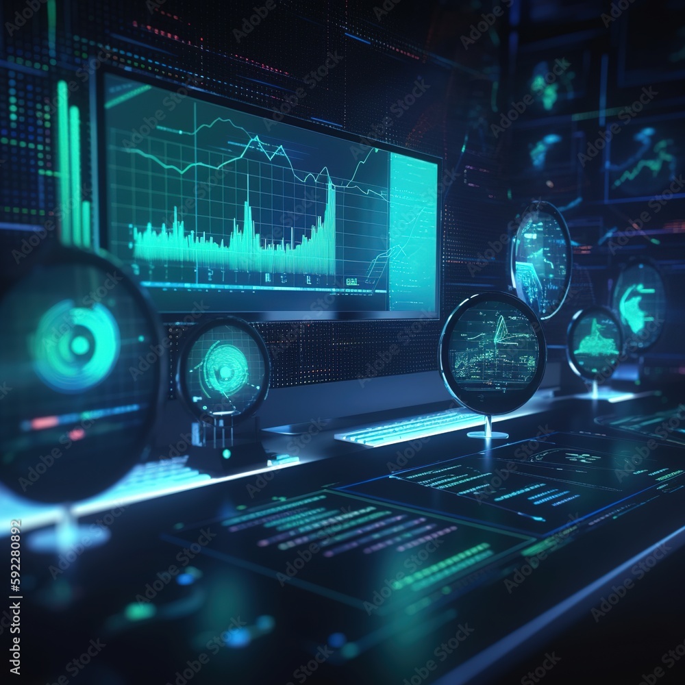 Poster dashboard of a business intelligence analyst is displayed on a virtual screen. graphs and charts for