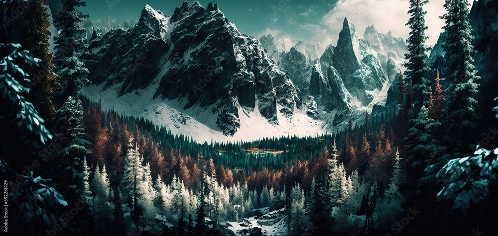Poster scenery of pristine snow and lush trees generative ai