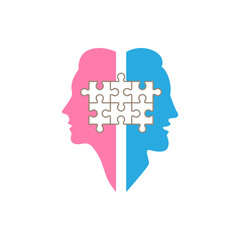 Silhouettes of the head of a man and a woman with a puzzle.