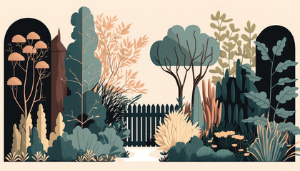 Garden - Minimalistic flat design landscape illustration. Image for a wallpaper, background, postcard or poster. Generative AI