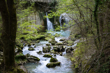 Italy, landscape waterfall in the forest appennini montain
