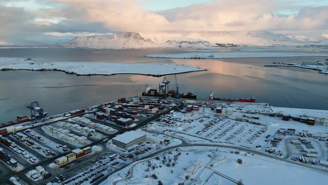 Reykjavik, Iceland. Aerial camera view of city and mountains panorama. Winter in Iceland. Reykjavik hiking mountain.