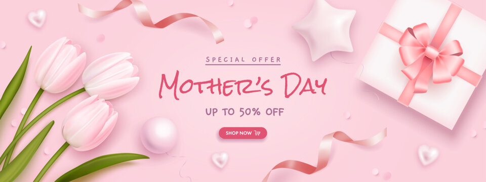 Mother's day sale poster or banner set with sweet hearts, envelope, bouquet of tulips and gift box on pink background