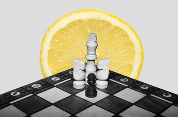 Digital collage with wooden chess and slice of lemon