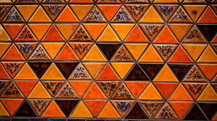 Orange mexican wall with talavera ceramic triangular tiles pattern of triangles and hexagons Generative AI