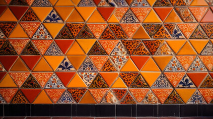 Orange mexican wall with talavera ceramic triangular tiles pattern of triangles and hexagons