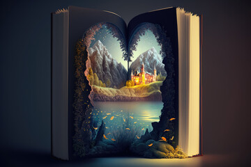 Open book. Fairy tale book. Book of fairy tales and stories. Magic book with a magical castle and sea. Fantastic reading world. Reading and imagination concept. Generative ai art illustration