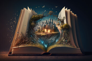 Open book. Fairy tale book. Book of fairy tales and stories. Fairyland book with a magical castle. Fantastic reading world. Reading and imagination concept. Generative ai art illustration