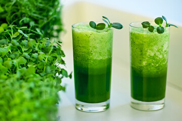Two glasses of sprouted greens smoothie.