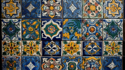 Traditional mexican talavera wall handmade blue ceramic tiles hispanic adornments Generative AI