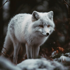 Beautiful white fox in the winter forest. Animal in the nature habitat. AI generated
