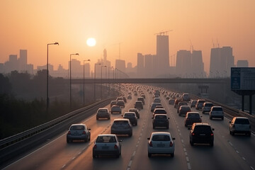 Busy urban highway surrounded by skyscrapers, during sunrise
