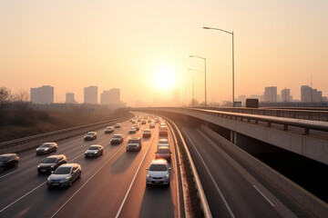 Busy urban street with high-rise buildings and heavy traffic, during sunrise, sunset