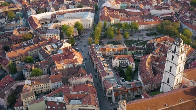 Drone aerial view of Vilnius old town. VILNIUS, LITHUANIA - SPRING 2023. 