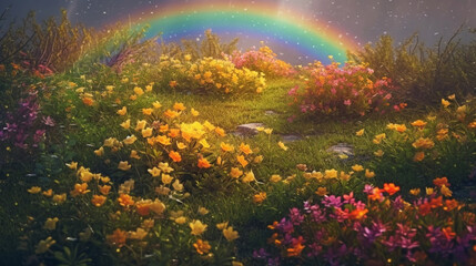 Fototapeta na wymiar colorful spring’s flowers, over the beautiful wonderful rainbow, fantasy, romantic dreamy mood