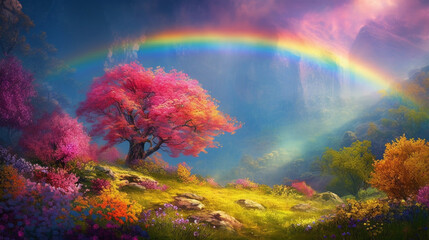 colorful spring’s flowers, leaves, nature, over the beautiful wonderful rainbow, fantasy, romantic dreamy mood Generative AI