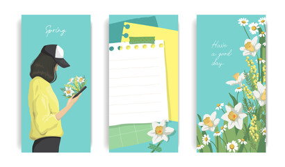 Design for social media. Set of spring stories templates. Mockup for personal blog. Scrapbook composition with notes paper, tapes, flowers elements and photo frame.