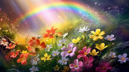Fototapeta na wymiar colorful spring’s flowers, over the beautiful wonderful rainbow, fantasy, romantic dreamy mood Generative AI