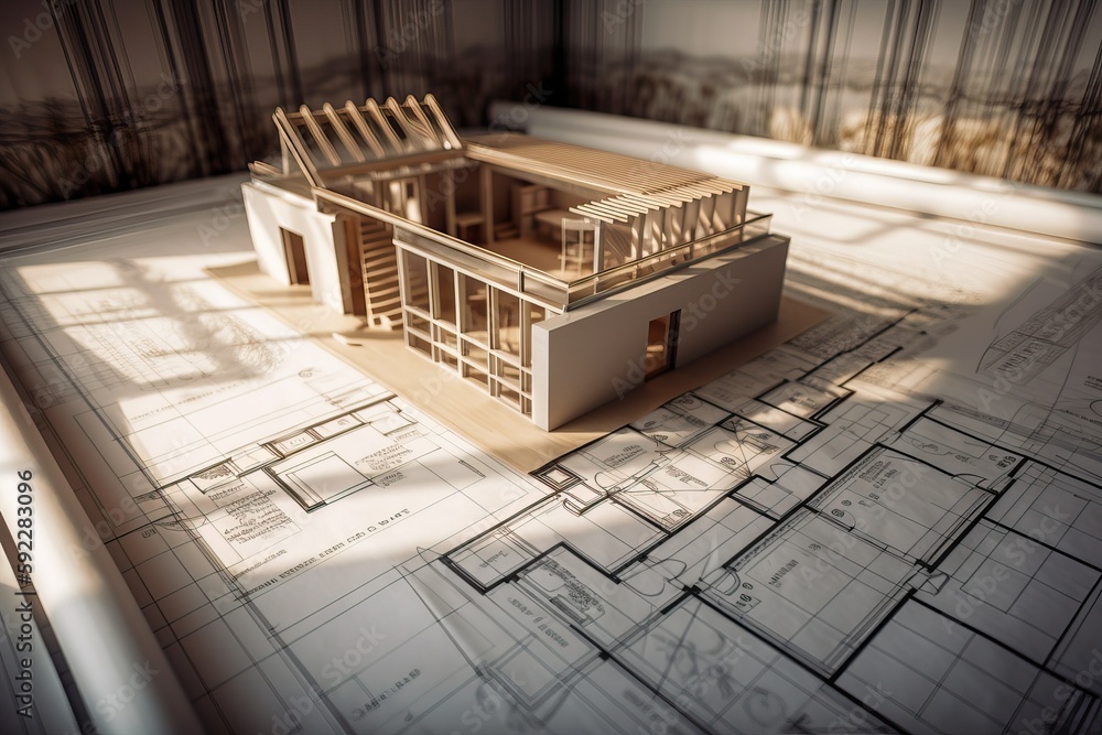 Poster Architecture 3D and blueprints representation, generative ai